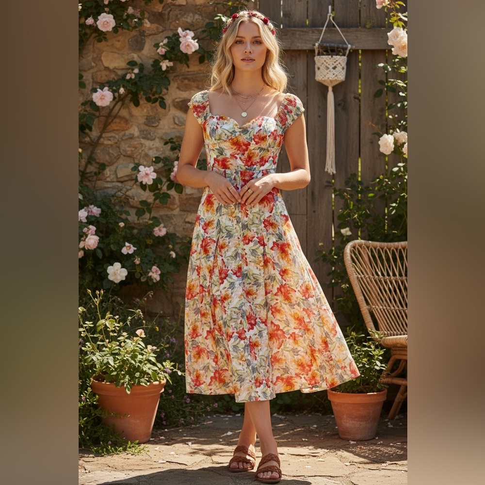 Mable Floral Midi Dress in Red and Orange